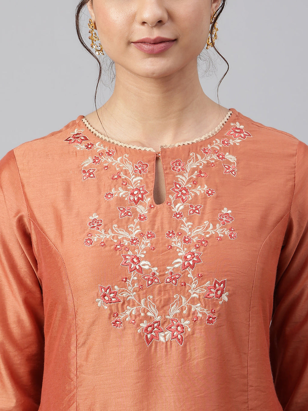 Janasya Women's Rust Orange Poly Silk Embroidered Kurta With Pant - Distacart