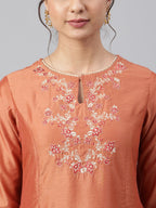 Janasya Women's Rust Orange Poly Silk Embroidered Kurta With Pant - Distacart
