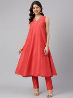 Janasya Women's Red Art Silk Solid Kurta With Pant - Distacart
