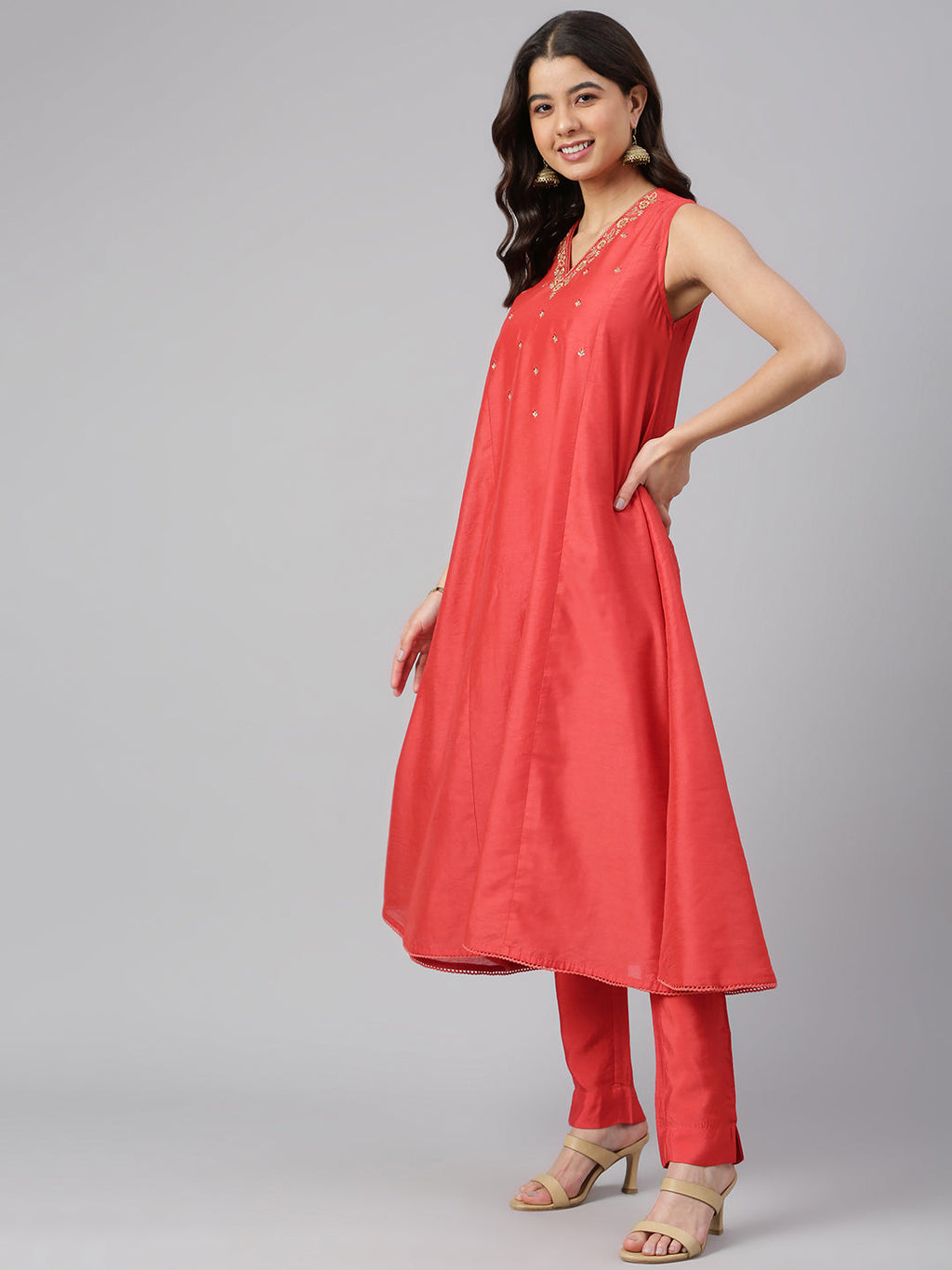 Janasya Women's Red Art Silk Solid Kurta With Pant - Distacart