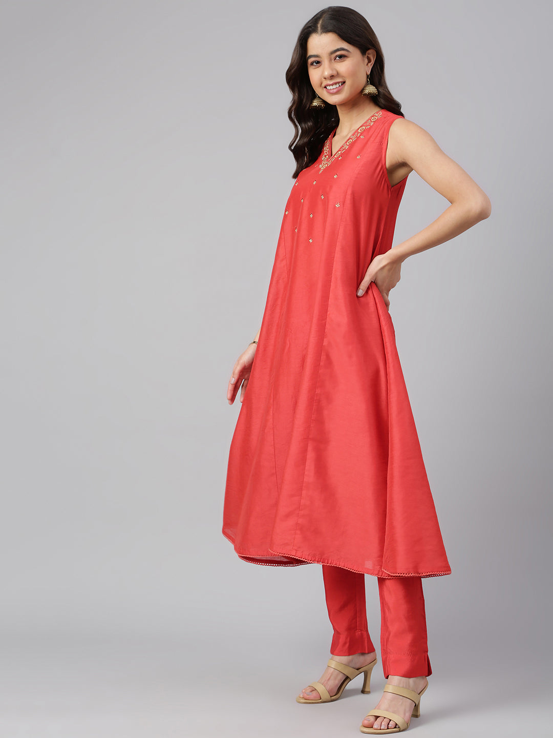 Janasya Women's Red Art Silk Solid Kurta With Pant - Distacart