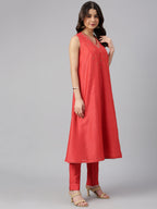 Janasya Women's Red Art Silk Solid Kurta With Pant - Distacart