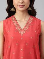 Janasya Women's Red Art Silk Solid Kurta With Pant - Distacart