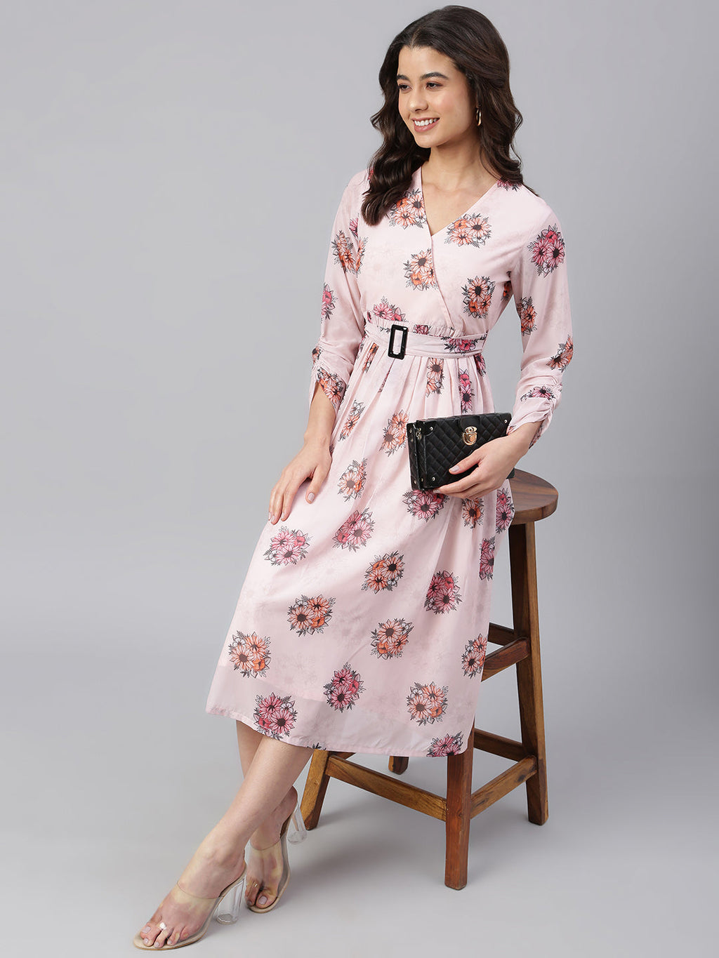 Janasya Women's Peach Georgette Floral Printed Flared Western Dress - Distacart