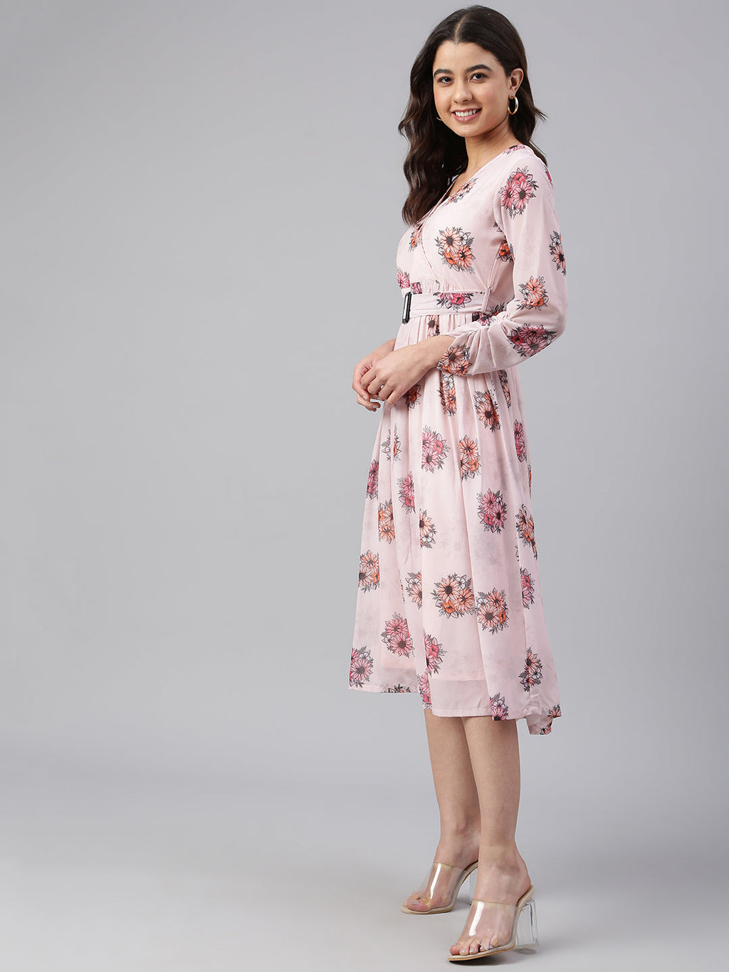 Janasya Women's Peach Georgette Floral Printed Flared Western Dress - Distacart