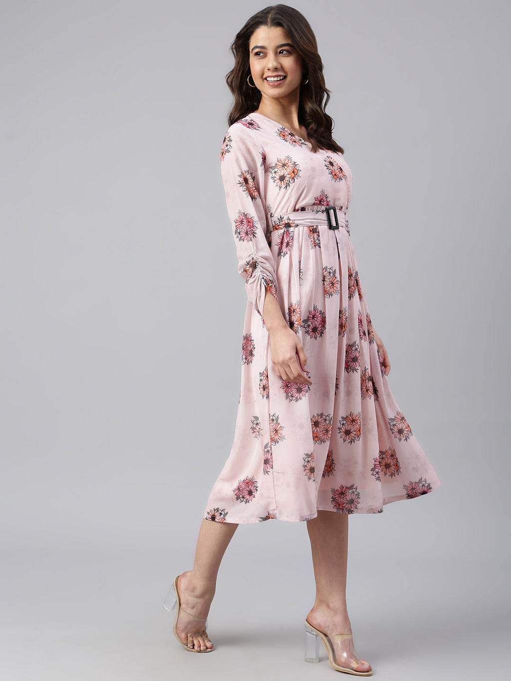 Janasya Women's Peach Georgette Floral Printed Flared Western Dress - Distacart