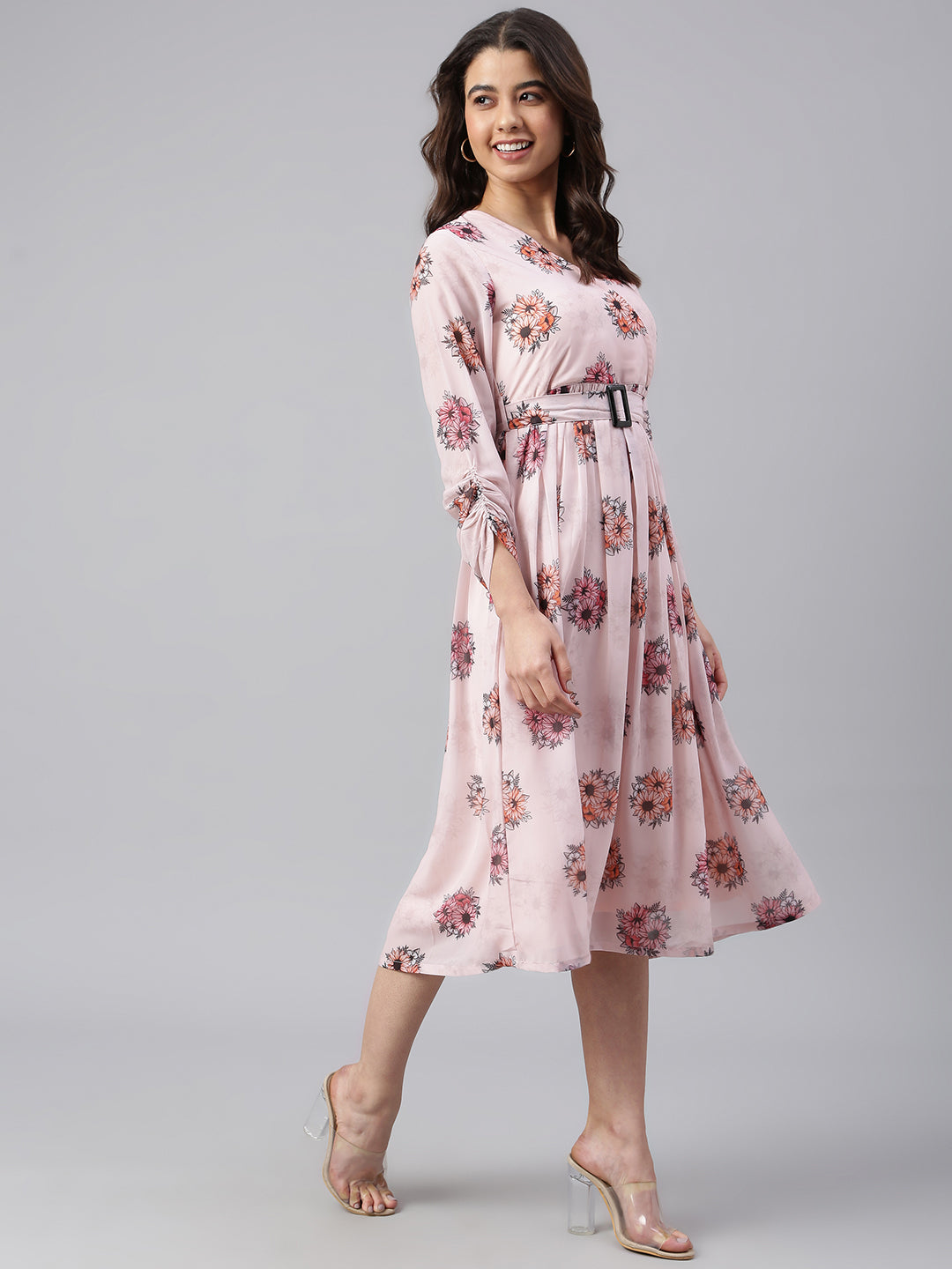 Janasya Women's Peach Georgette Floral Printed Flared Western Dress - Distacart