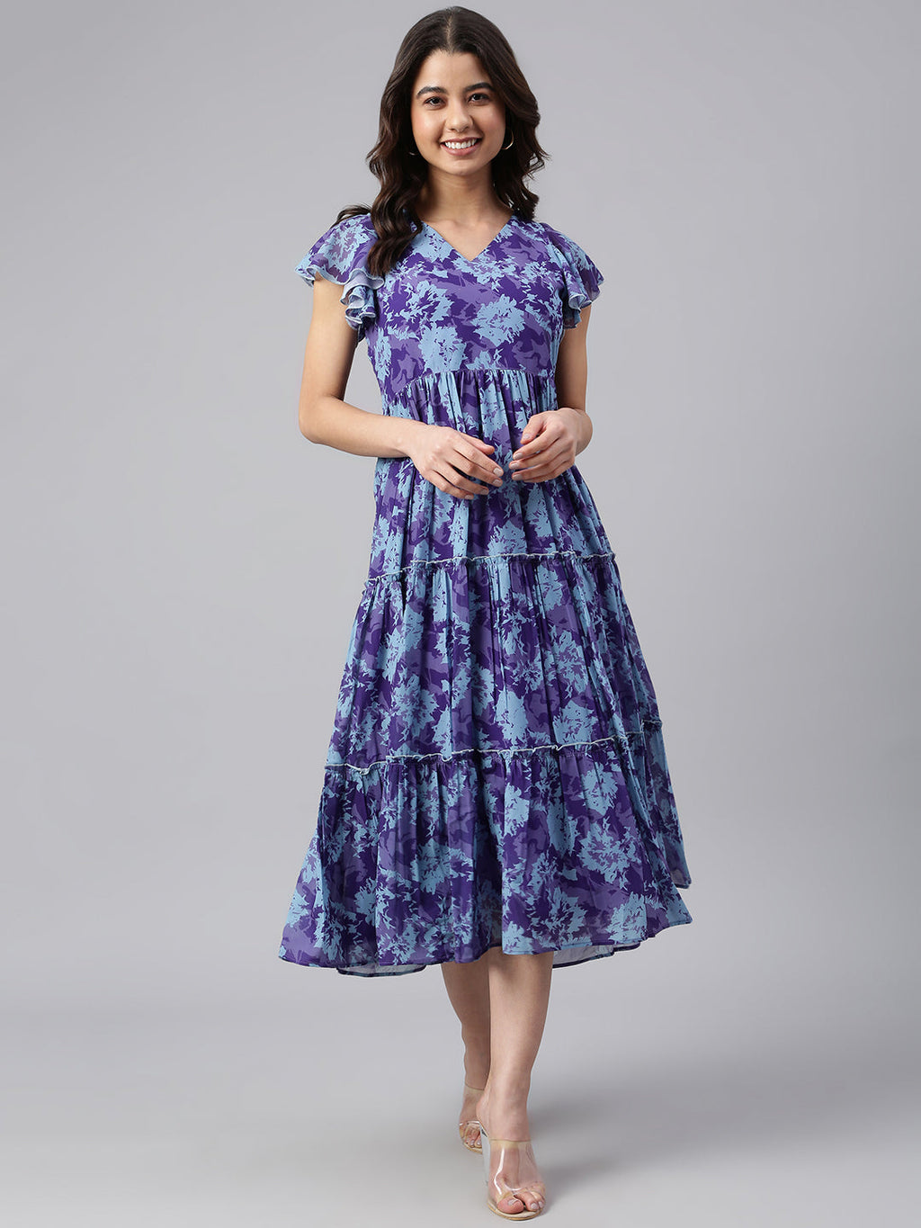 Janasya Women's Blue Georgette Printed Flared Western Dress - Distacart