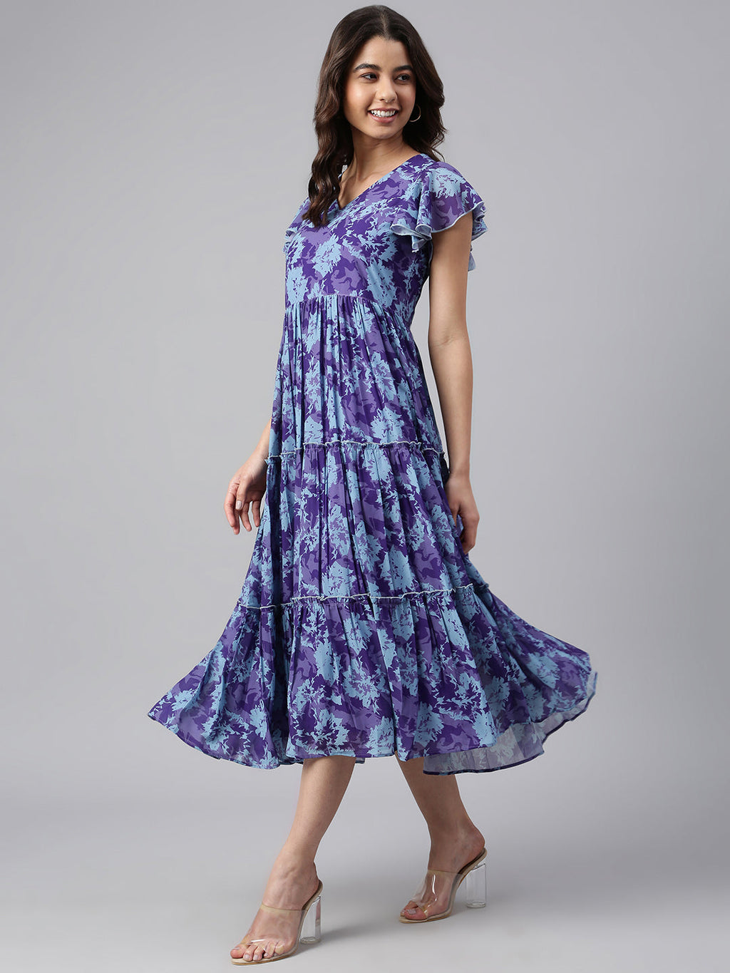Janasya Women's Blue Georgette Printed Flared Western Dress - Distacart