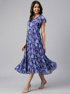 Janasya Women's Blue Georgette Printed Flared Western Dress - Distacart