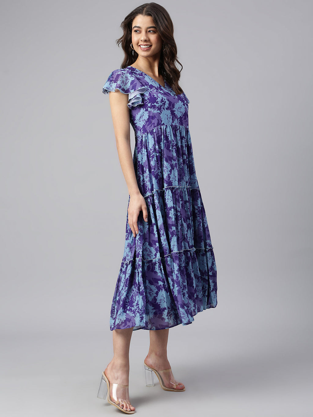 Janasya Women's Blue Georgette Printed Flared Western Dress - Distacart