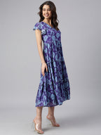 Janasya Women's Blue Georgette Printed Flared Western Dress - Distacart