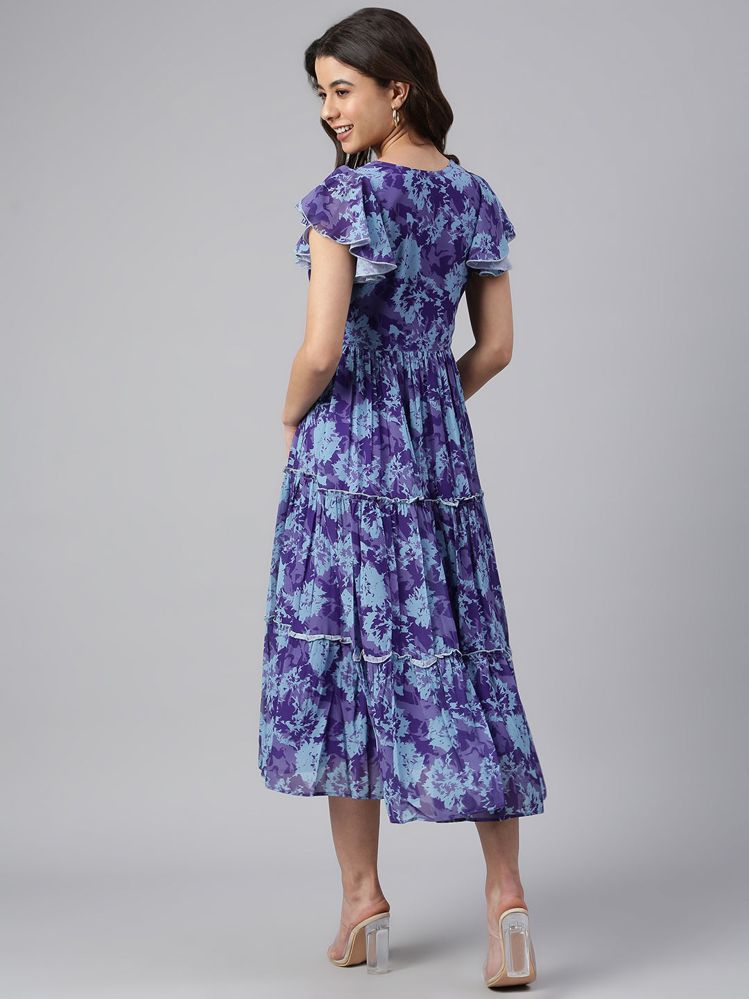 Janasya Women's Blue Georgette Printed Flared Western Dress - Distacart