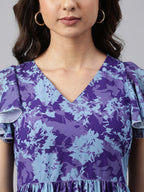 Janasya Women's Blue Georgette Printed Flared Western Dress - Distacart