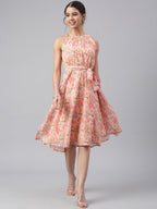 Janasya Women's Peach Georgette Floral Printed A-line Western Dress - Distacart