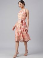 Janasya Women's Peach Georgette Floral Printed A-line Western Dress - Distacart
