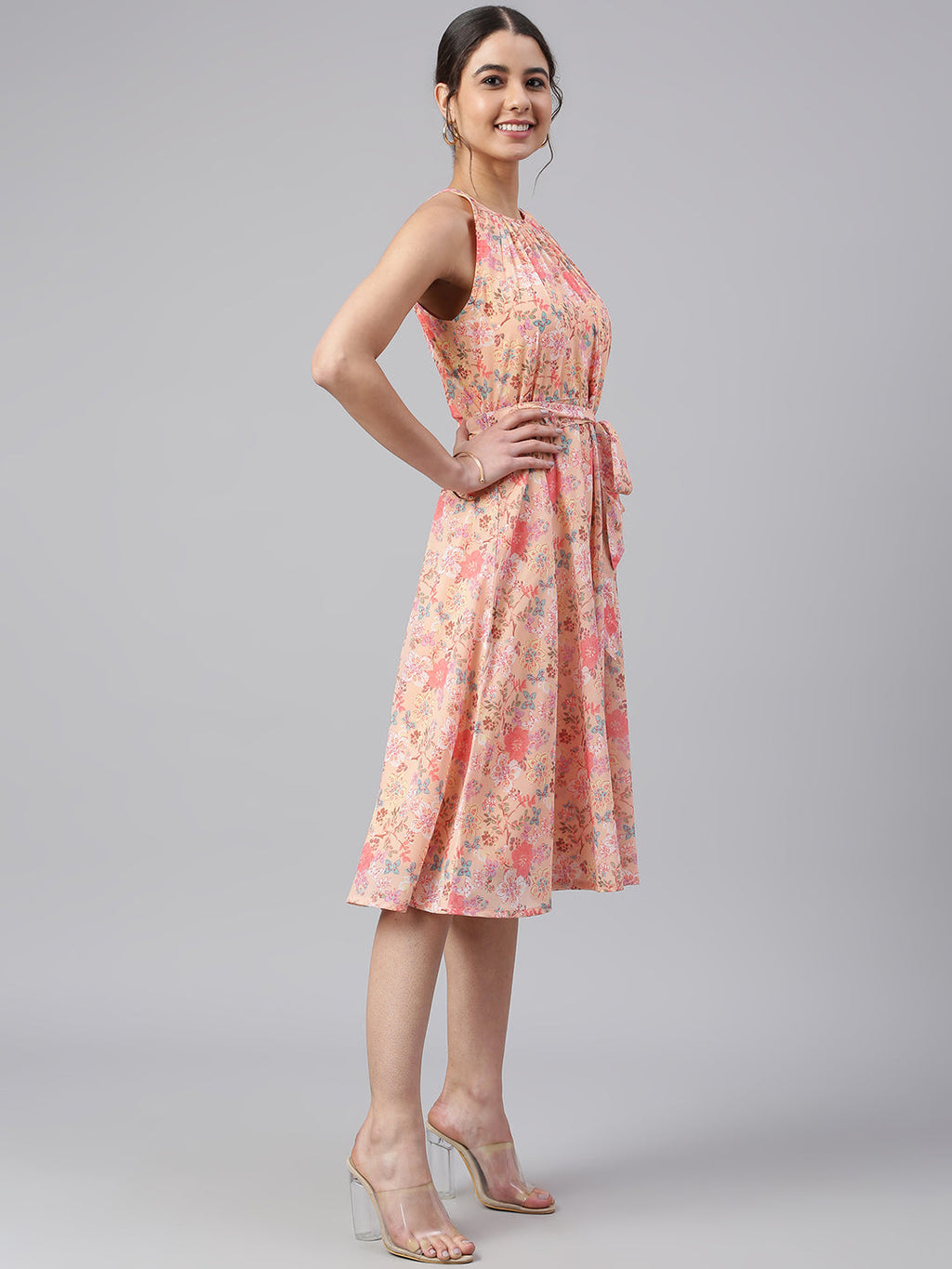 Janasya Women's Peach Georgette Floral Printed A-line Western Dress - Distacart
