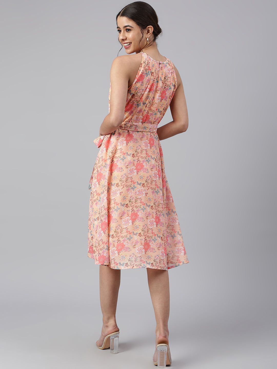 Janasya Women's Peach Georgette Floral Printed A-line Western Dress - Distacart