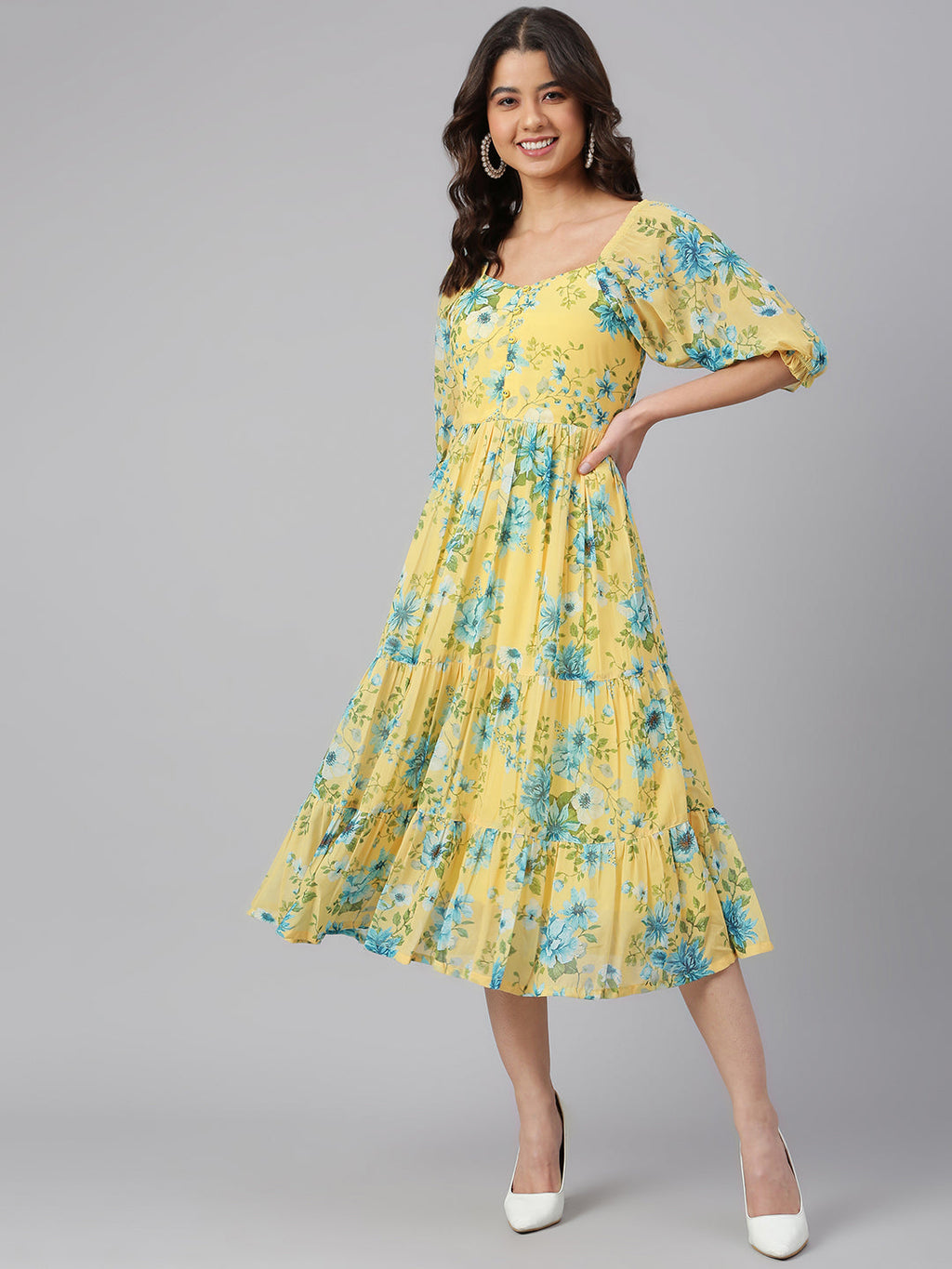 Janasya Women's Yellow Georgette Floral Printed Flared Western Dress - Distacart