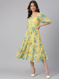 Janasya Women's Yellow Georgette Floral Printed Flared Western Dress - Distacart