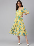 Janasya Women's Yellow Georgette Floral Printed Flared Western Dress - Distacart