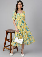 Janasya Women's Yellow Georgette Floral Printed Flared Western Dress - Distacart