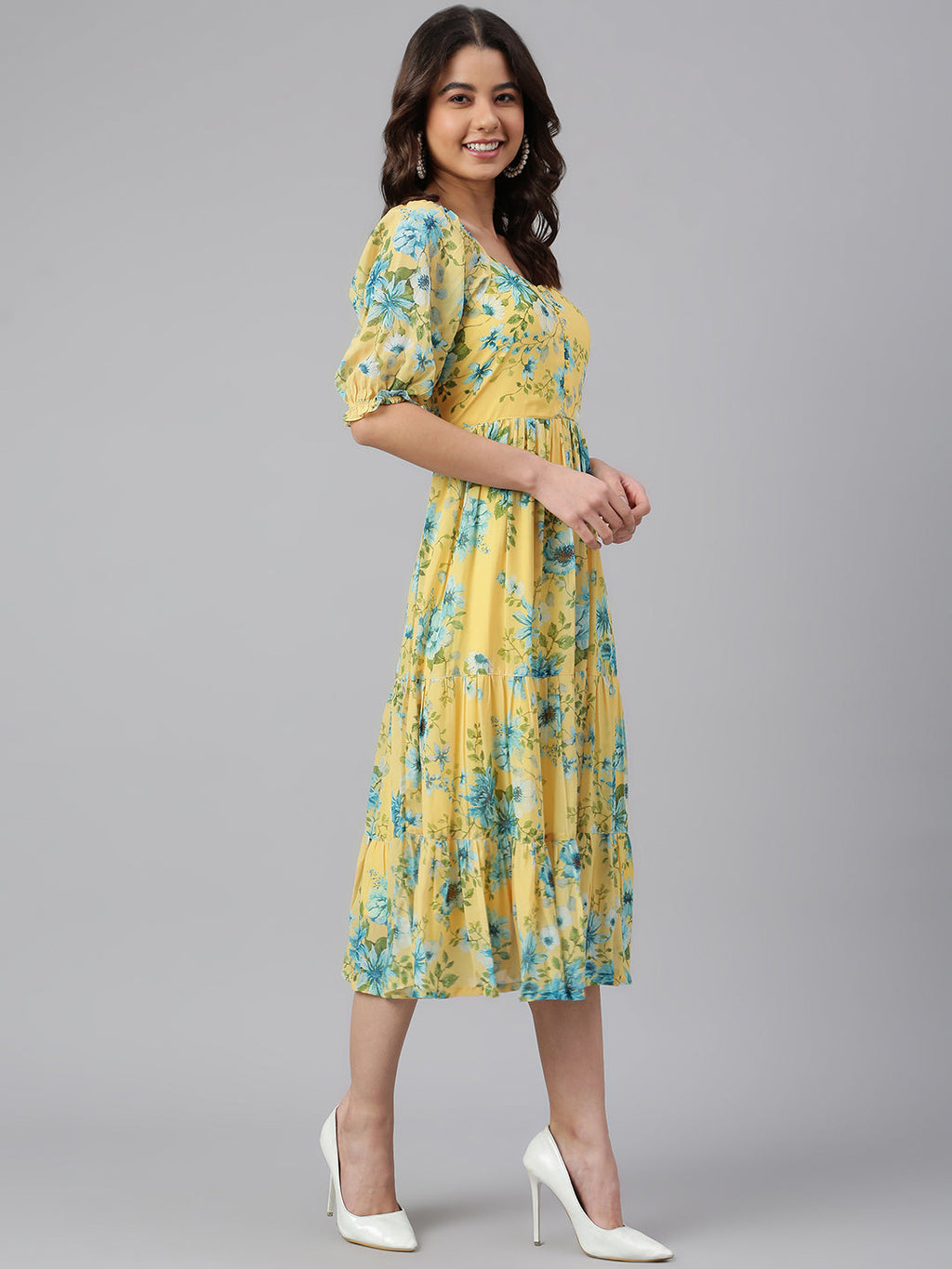 Janasya Women's Yellow Georgette Floral Printed Flared Western Dress - Distacart