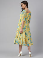 Janasya Women's Yellow Georgette Floral Printed Flared Western Dress - Distacart