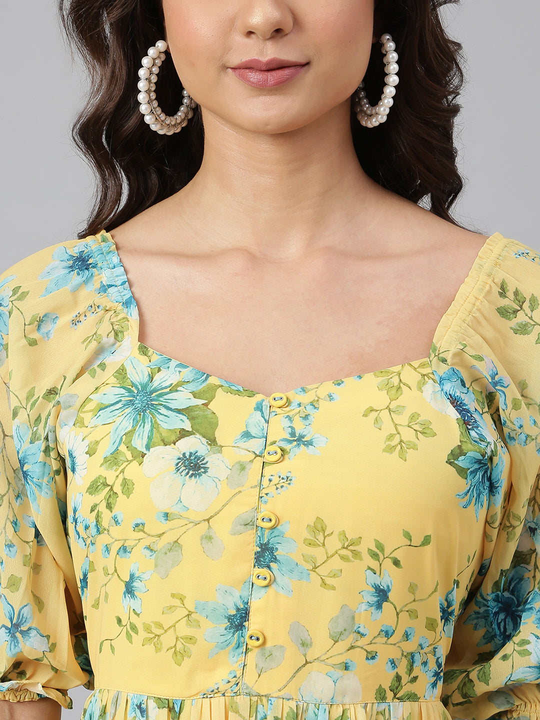 Janasya Women's Yellow Georgette Floral Printed Flared Western Dress - Distacart