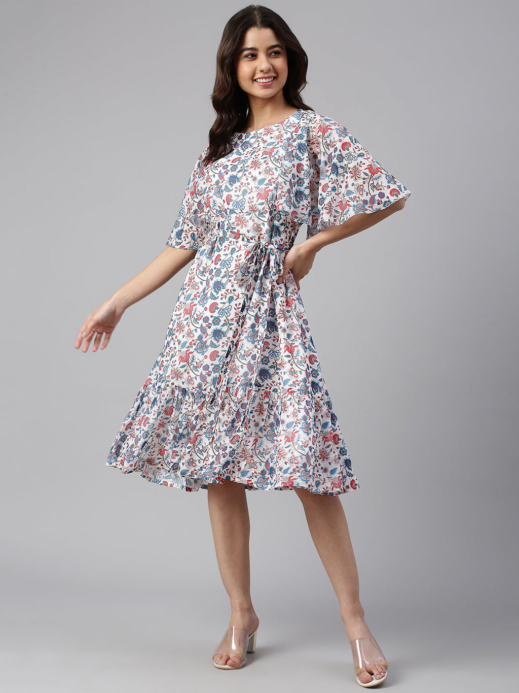 Janasya Women's White Georgette Floral Printed Flared Western Dress - Distacart