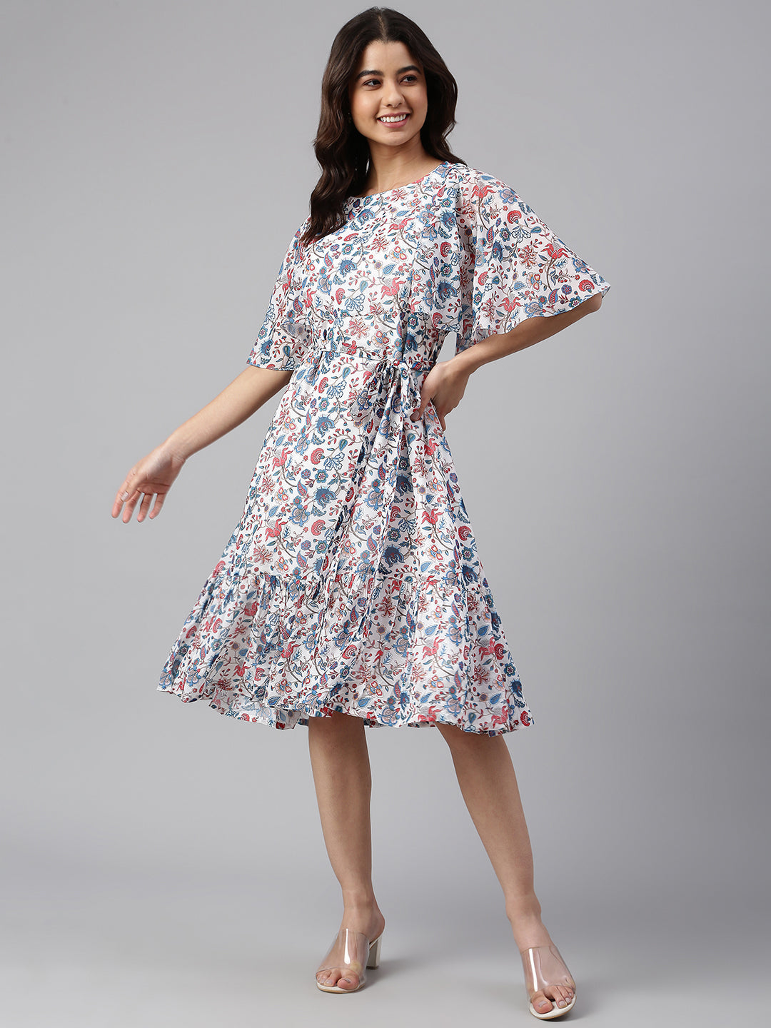 Janasya Women's White Georgette Floral Printed Flared Western Dress - Distacart