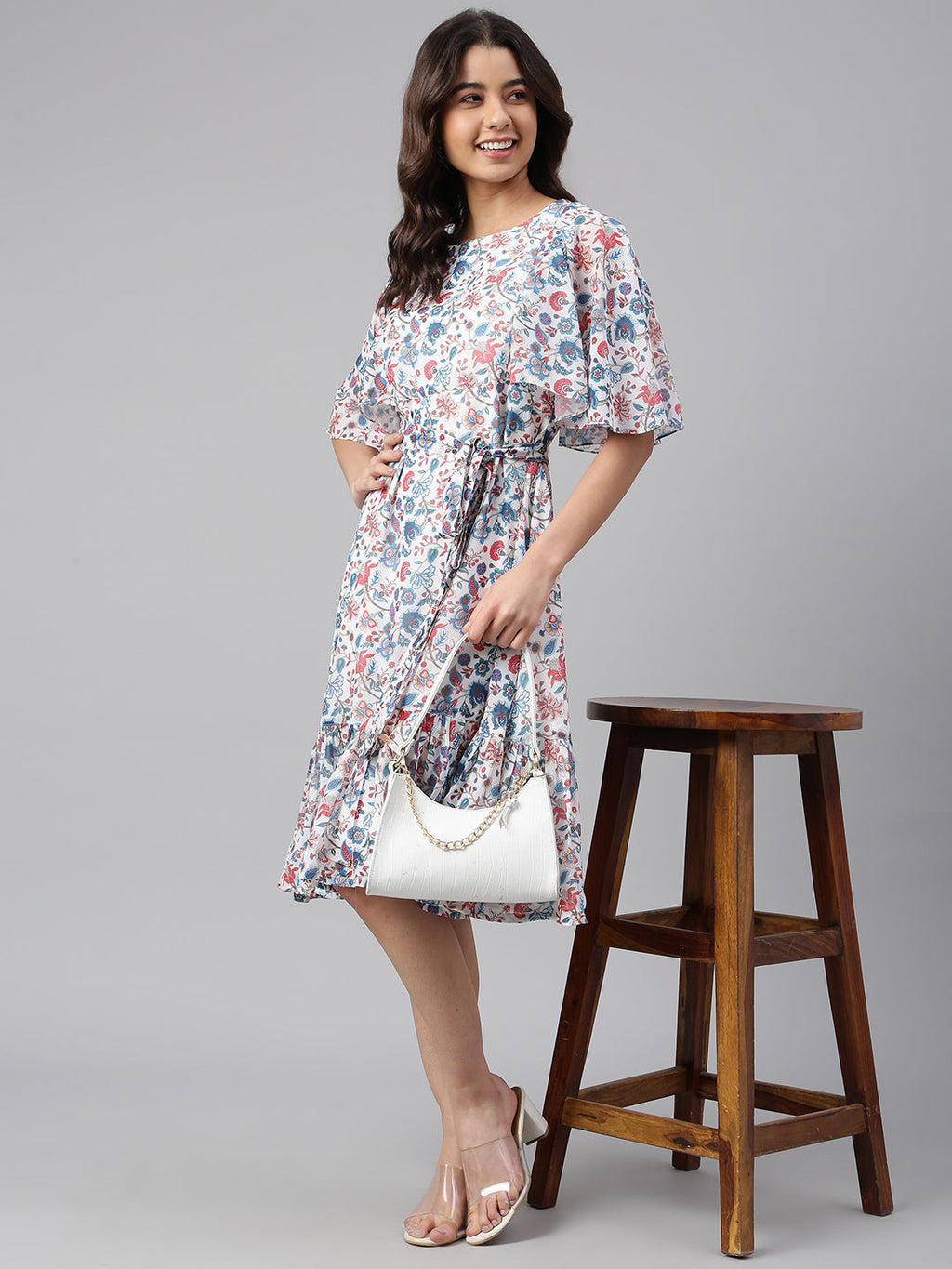 Janasya Women's White Georgette Floral Printed Flared Western Dress - Distacart