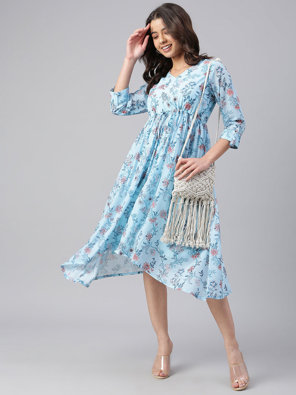 Janasya Women's Sky Blue Georgette Floral Printed Asymmetric Western Dress - Distacart