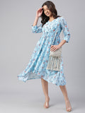 Janasya Women's Sky Blue Georgette Floral Printed Asymmetric Western Dress - Distacart