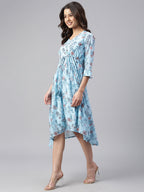 Janasya Women's Sky Blue Georgette Floral Printed Asymmetric Western Dress - Distacart