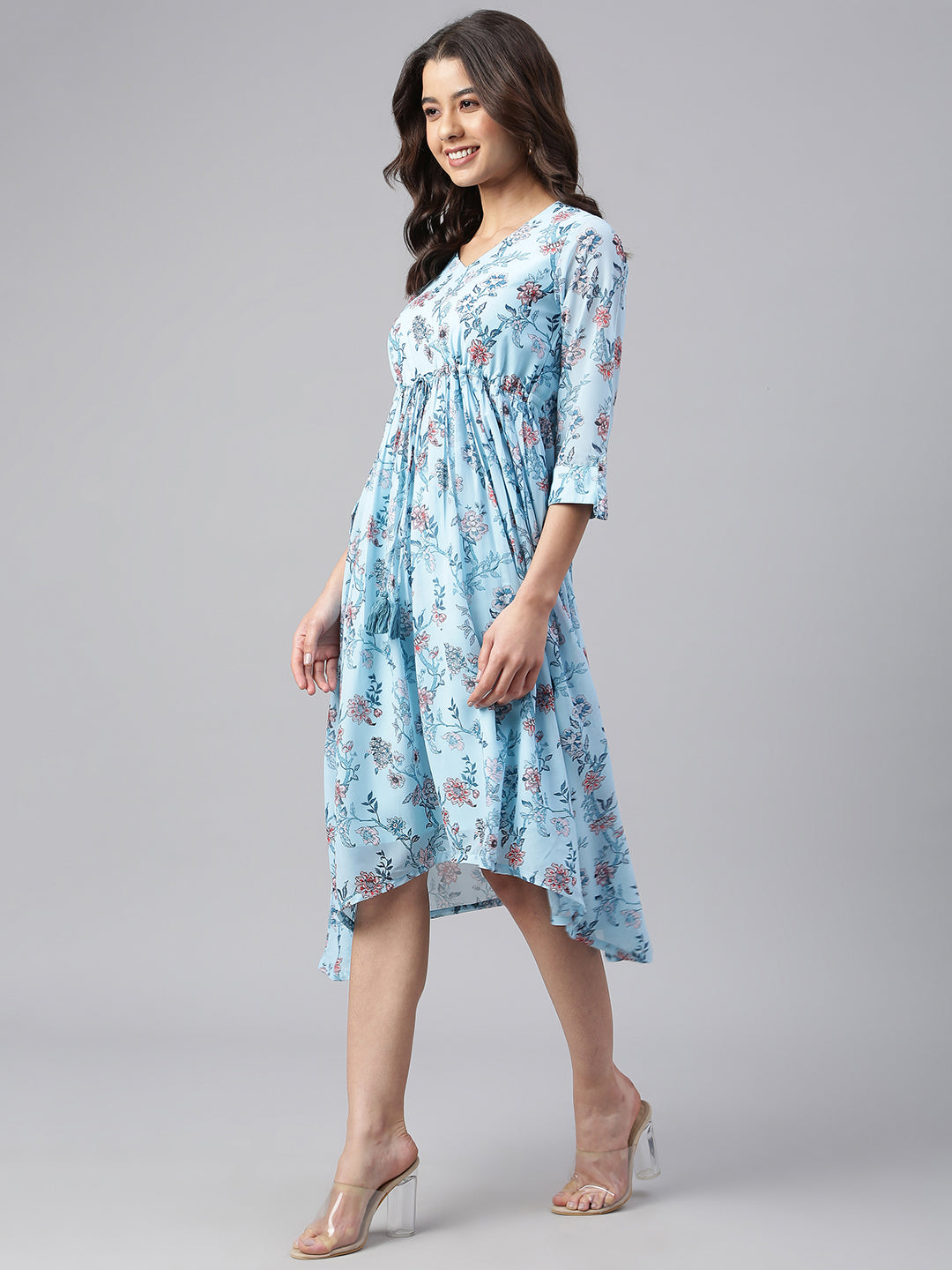 Janasya Women's Sky Blue Georgette Floral Printed Asymmetric Western Dress - Distacart