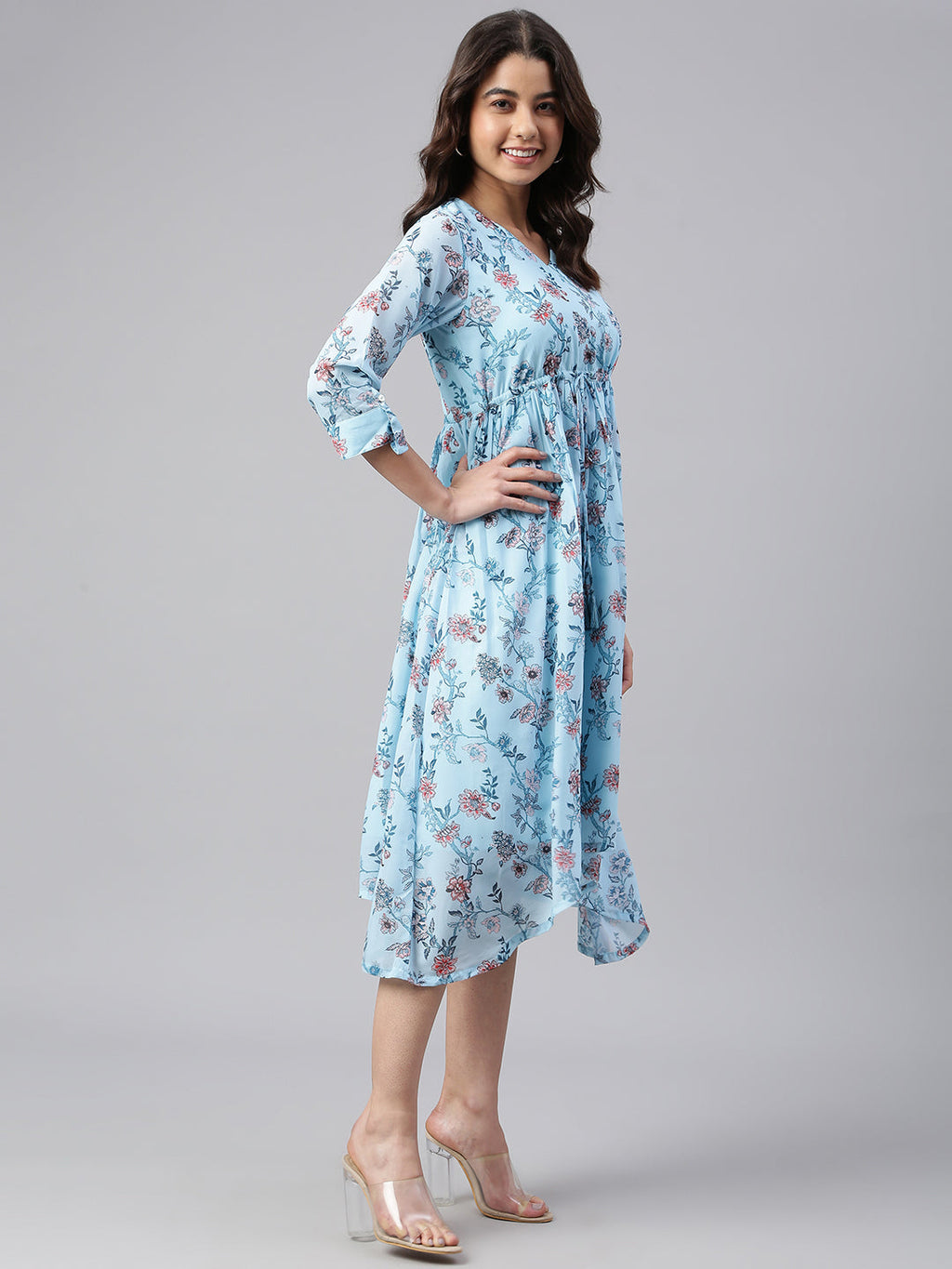 Janasya Women's Sky Blue Georgette Floral Printed Asymmetric Western Dress - Distacart