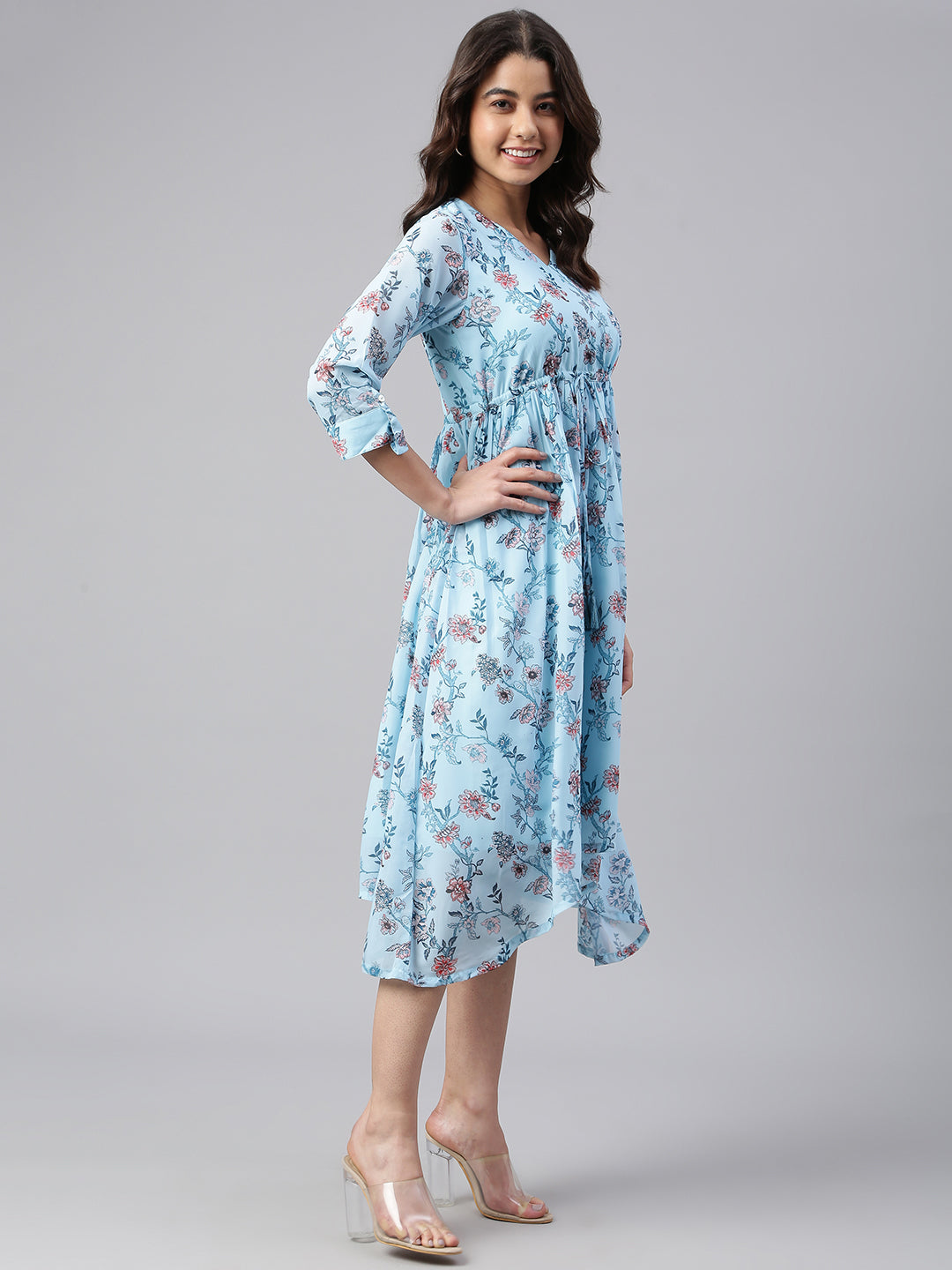 Janasya Women's Sky Blue Georgette Floral Printed Asymmetric Western Dress - Distacart