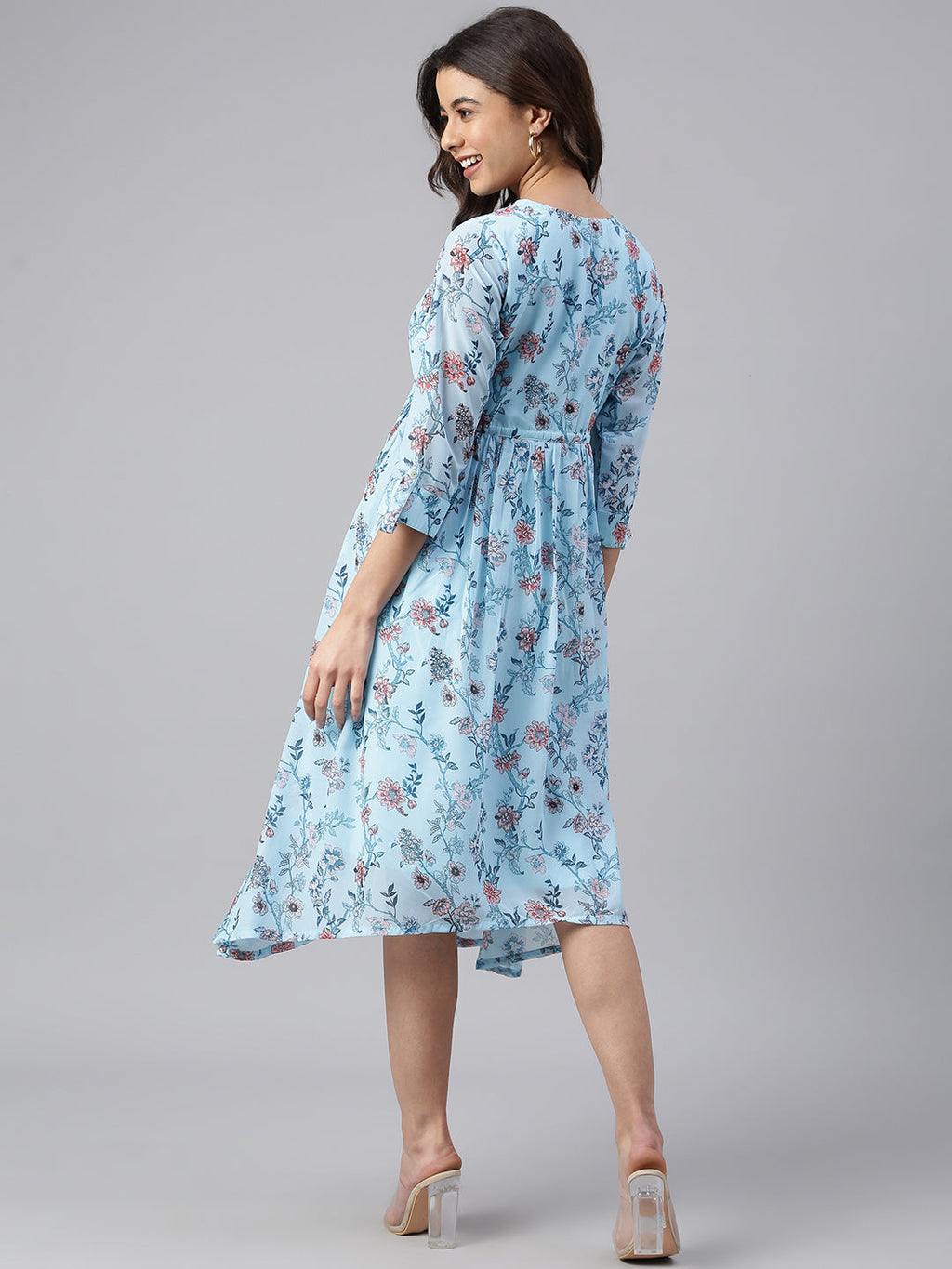 Janasya Women's Sky Blue Georgette Floral Printed Asymmetric Western Dress - Distacart