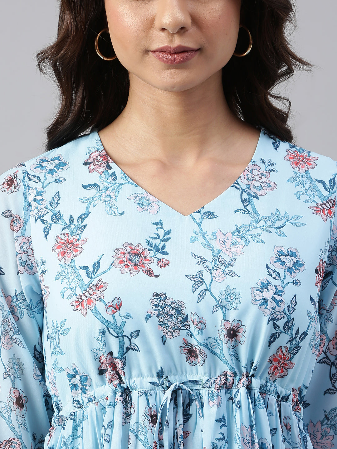 Janasya Women's Sky Blue Georgette Floral Printed Asymmetric Western Dress - Distacart