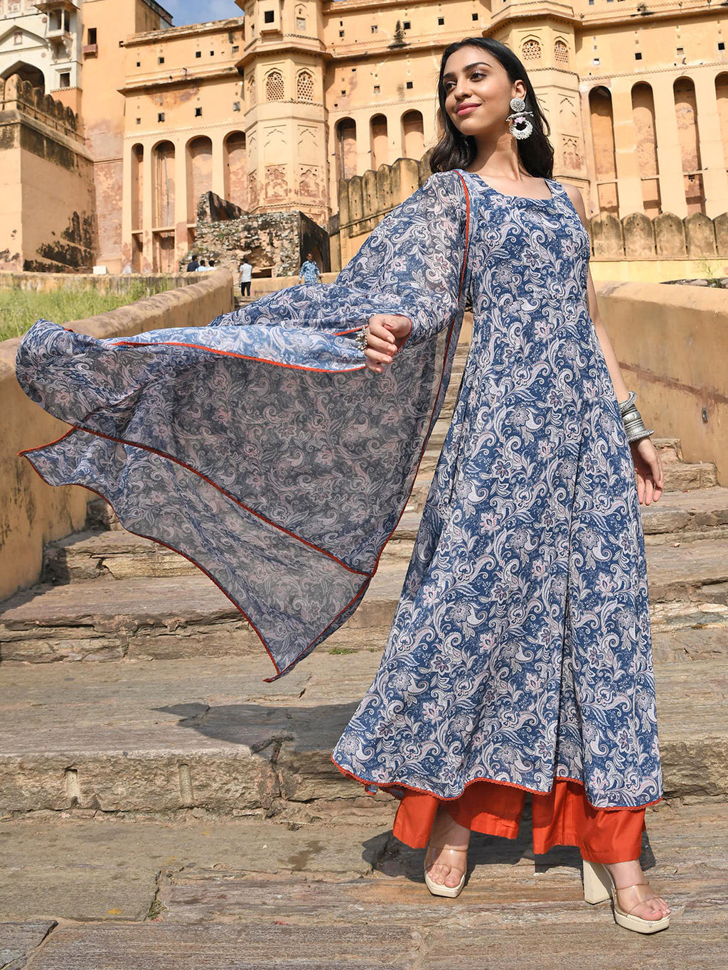 Janasya Women's Blue Georgette Floral Print Kurta With Flared Palazzo And Dupatta - Distacart