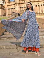Janasya Women's Blue Georgette Floral Print Kurta With Flared Palazzo And Dupatta - Distacart