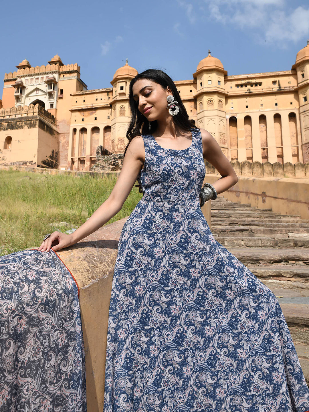 Janasya Women's Blue Georgette Floral Print Kurta With Flared Palazzo And Dupatta - Distacart