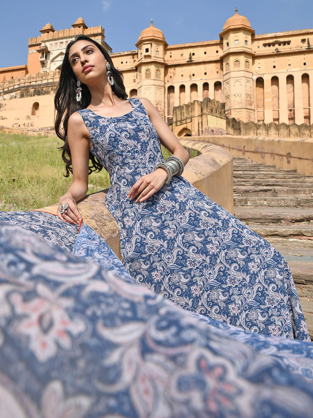 Janasya Women's Blue Georgette Floral Print Kurta With Flared Palazzo And Dupatta - Distacart