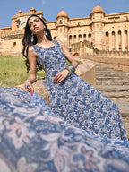Janasya Women's Blue Georgette Floral Print Kurta With Flared Palazzo And Dupatta - Distacart