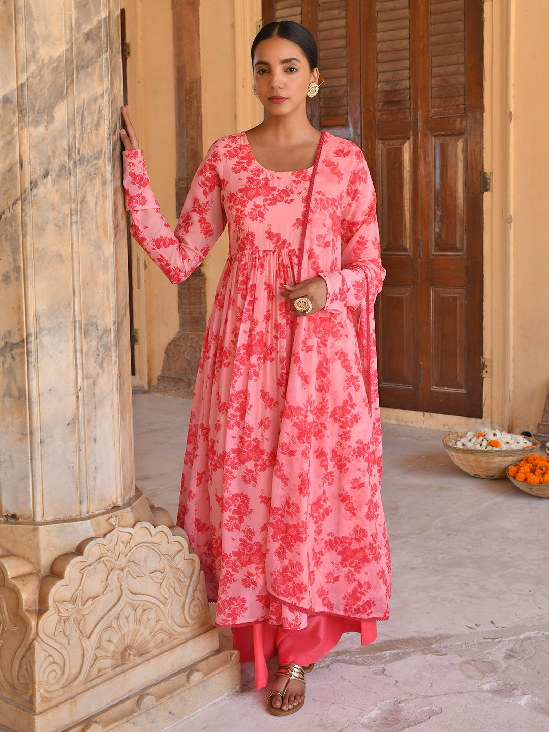 Janasya Women's Peach Georgette Floral Print Kurta With Flared Palazzo And Dupatta - Distacart