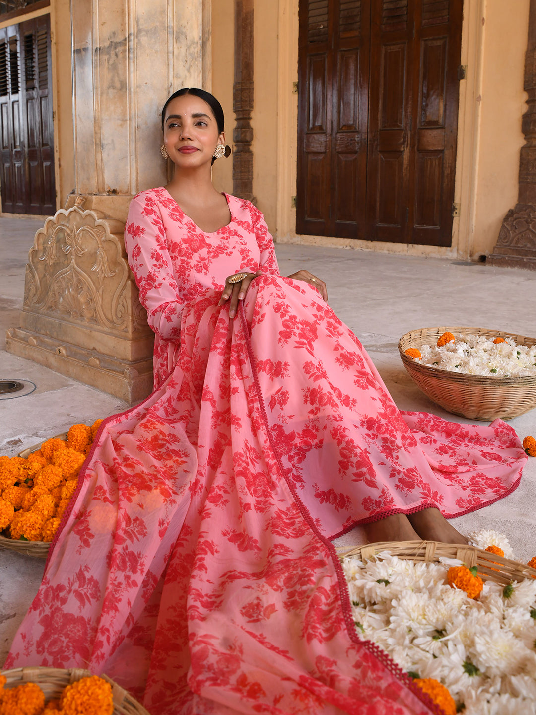 Janasya Women's Peach Georgette Floral Print Kurta With Flared Palazzo And Dupatta - Distacart