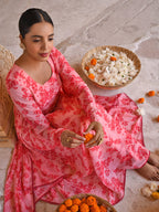 Janasya Women's Peach Georgette Floral Print Kurta With Flared Palazzo And Dupatta - Distacart