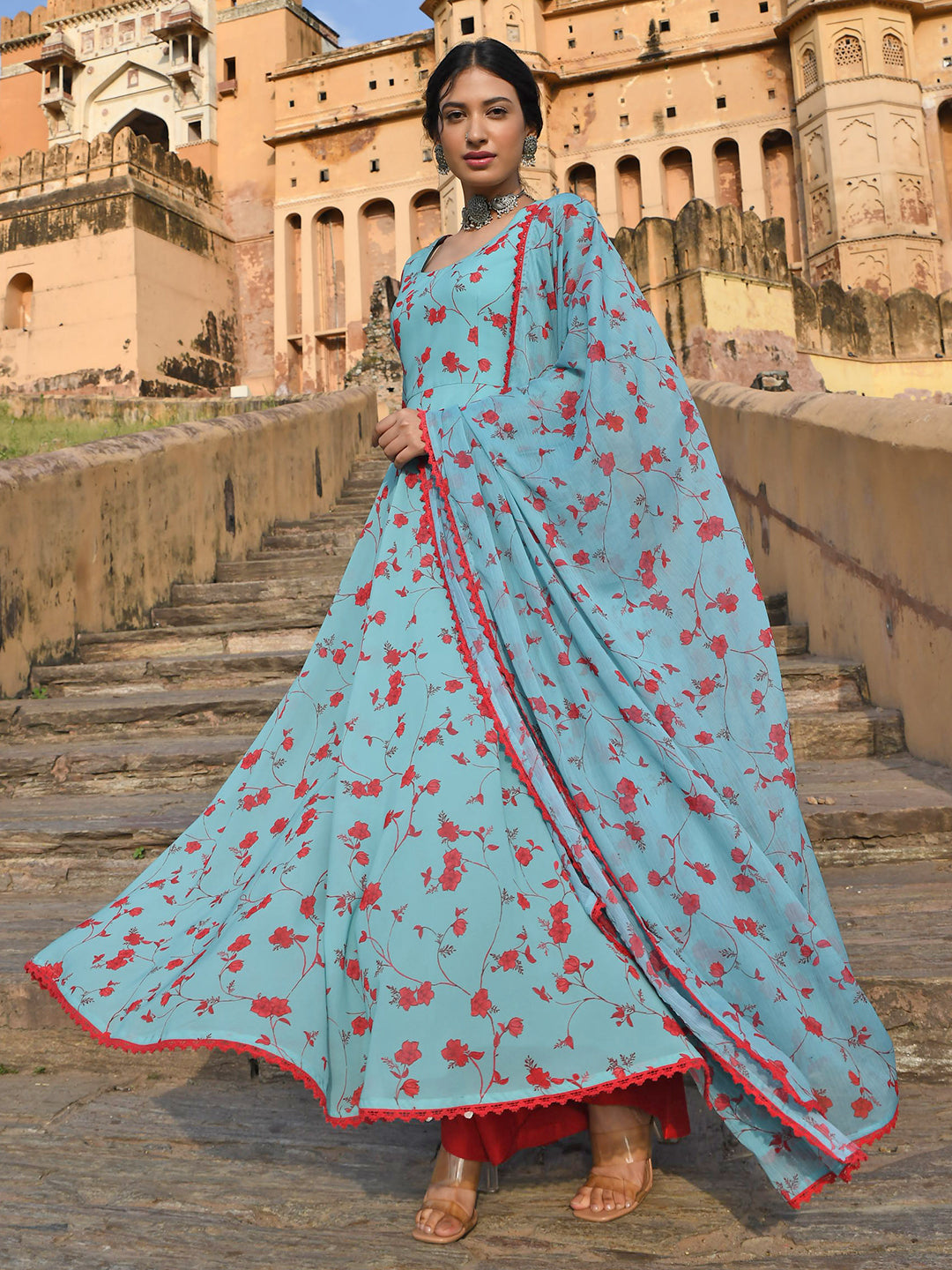 Janasya Women's Sea Green Georgette Floral Print Kurta With Flared Palazzo And Dupatta - Distacart