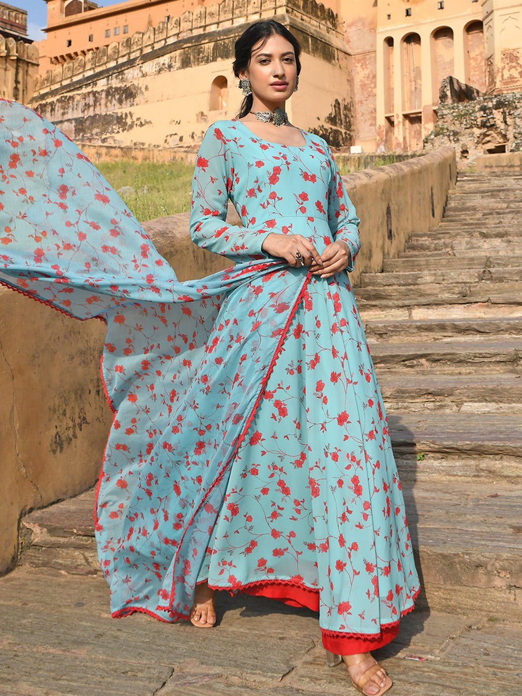 Janasya Women's Sea Green Georgette Floral Print Kurta With Flared Palazzo And Dupatta - Distacart